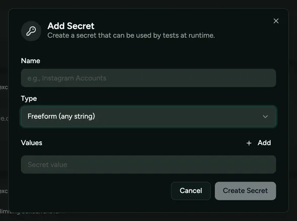 The Add Secret dialog with the Freeform type selected