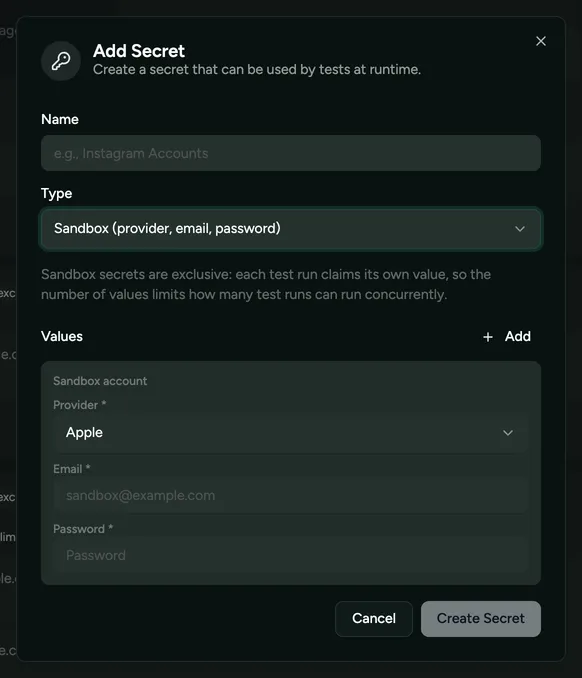 The Add Secret dialog with the Sandbox type selected