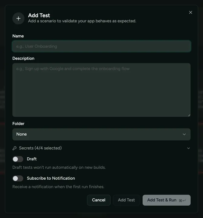 The Add test dialog