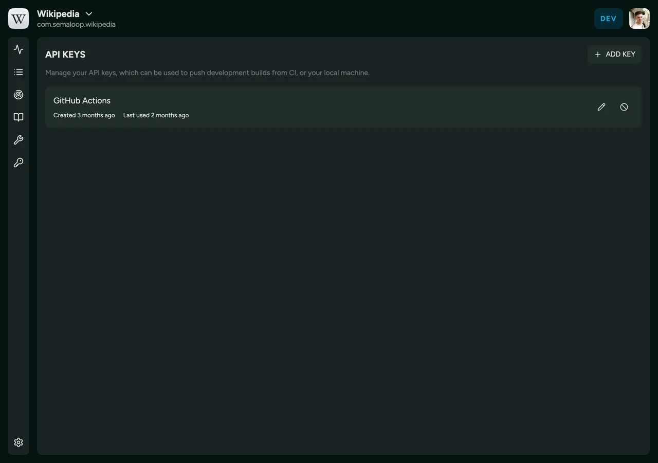 The API keys page