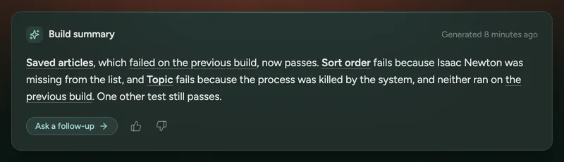 The build summary at the top of a build page
