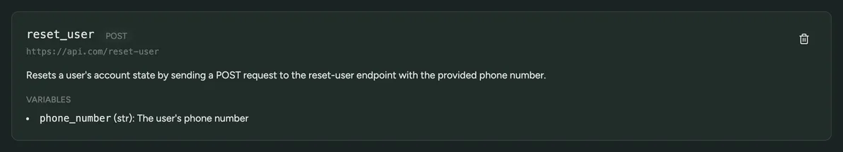 A configured tool that resets a user via an API endpoint