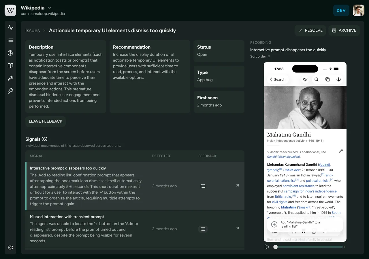 An issue, showing its status and the Resolve and Archive actions