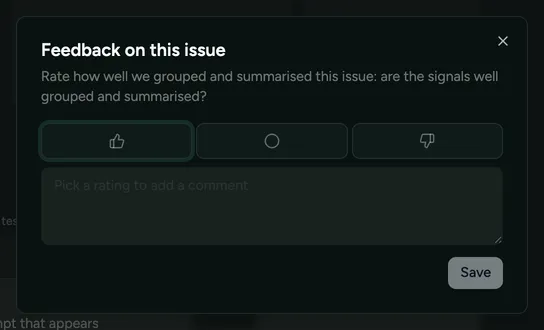 The feedback dialog for an issue