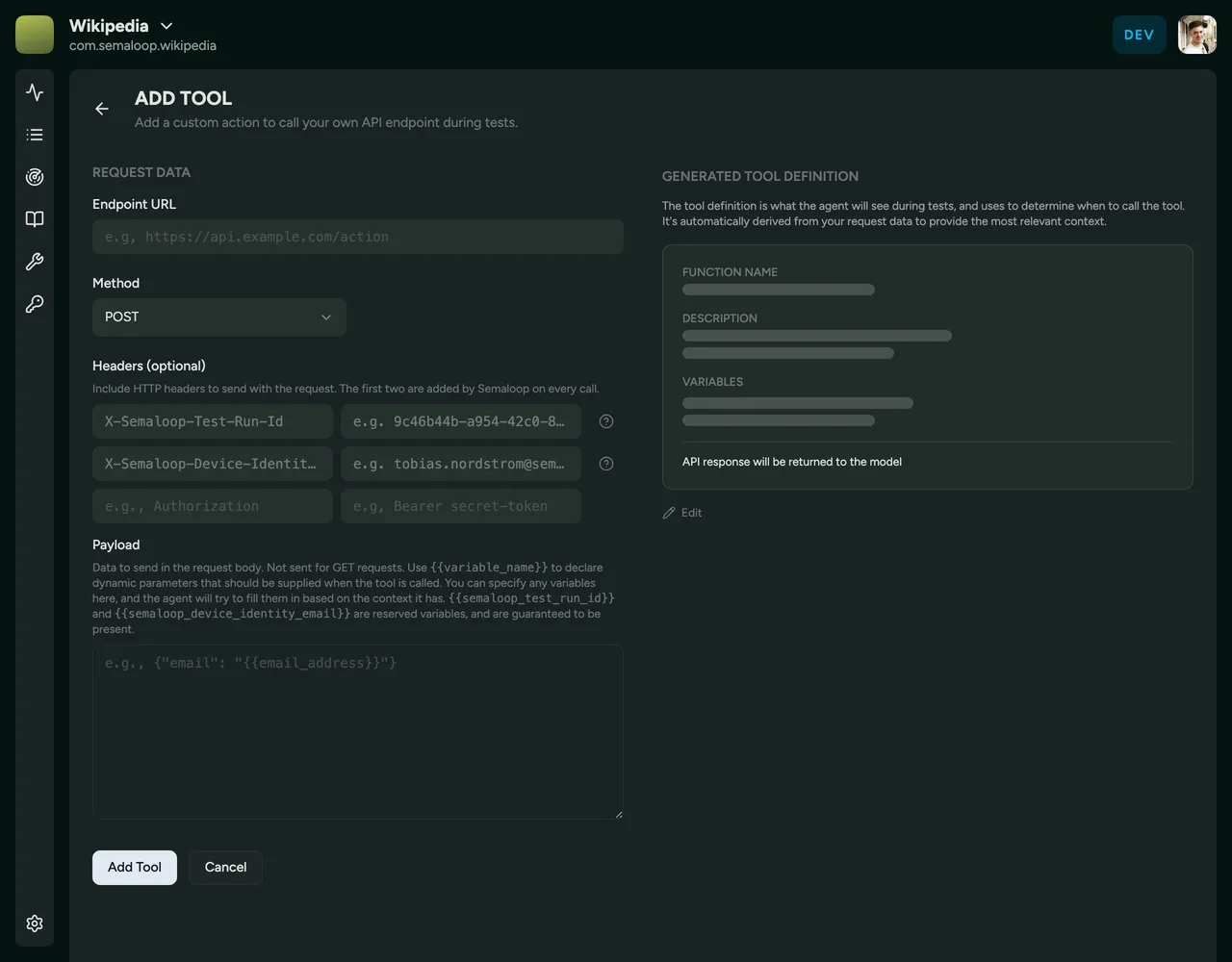 The form for adding a custom tool