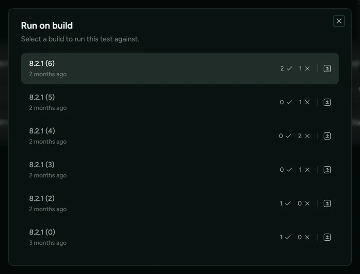 The Run on build dialog, listing previous builds
