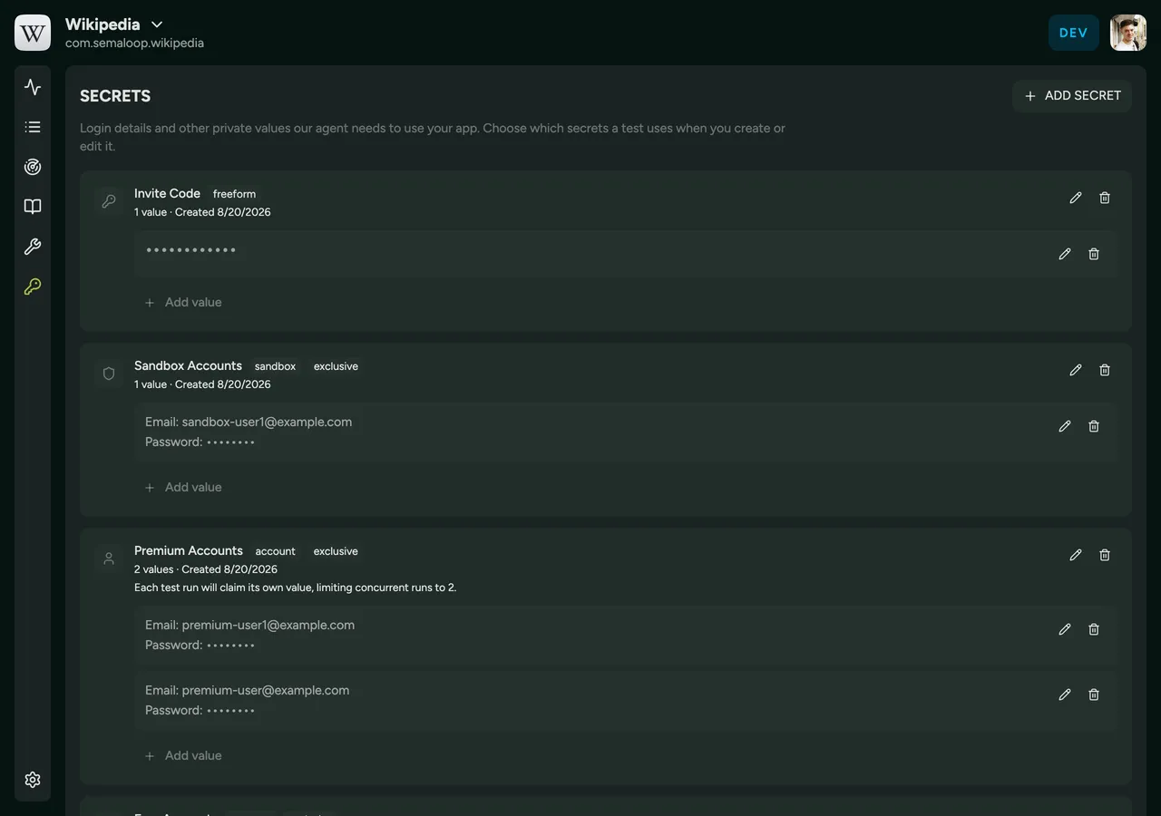The Secrets page, listing a secret per account tier