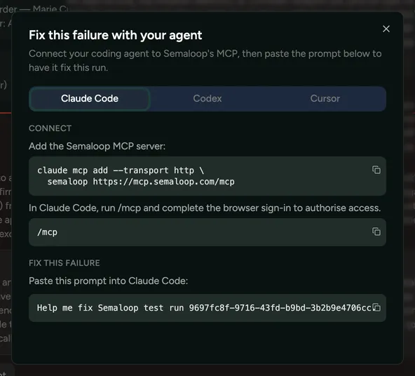 The Send to agent dialog, with a prompt containing the test run ID