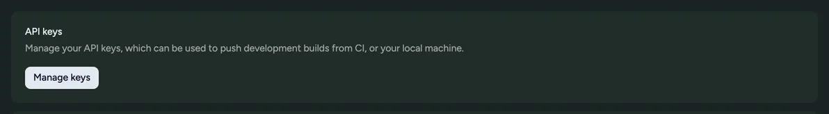 The API keys section of Settings, with a Manage keys link