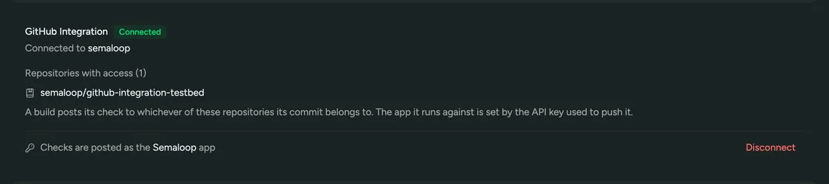 The GitHub integration section of Settings