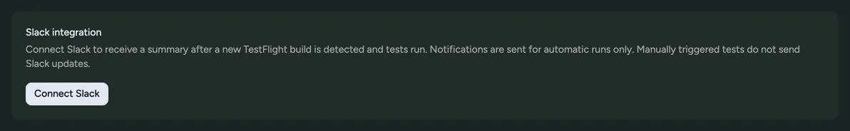 The Slack integration section of Settings