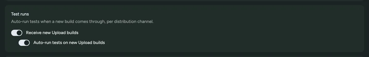 The Test runs section of Settings, with a toggle per distribution channel