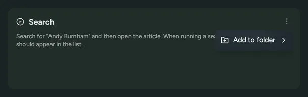 The test actions menu, with Add to folder