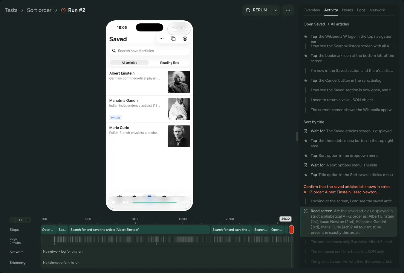 A failed test run, with the recording in the middle, the timeline of steps and logs beneath it, and the agent's steps in the Activity tab alongside, the failed check in red