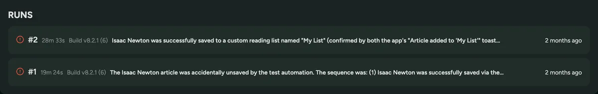 The run history on a test's overview page