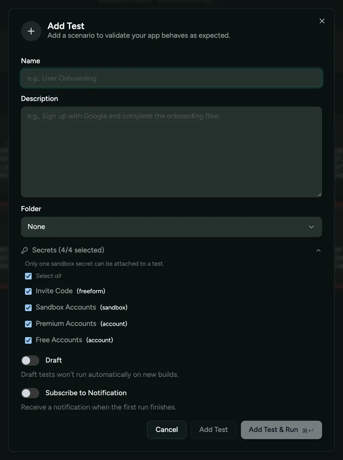 Choosing which secrets a test uses, in the Add Test dialog